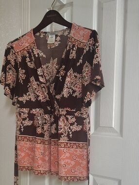 Nine West Brown Floral Blouse with Peach Accents